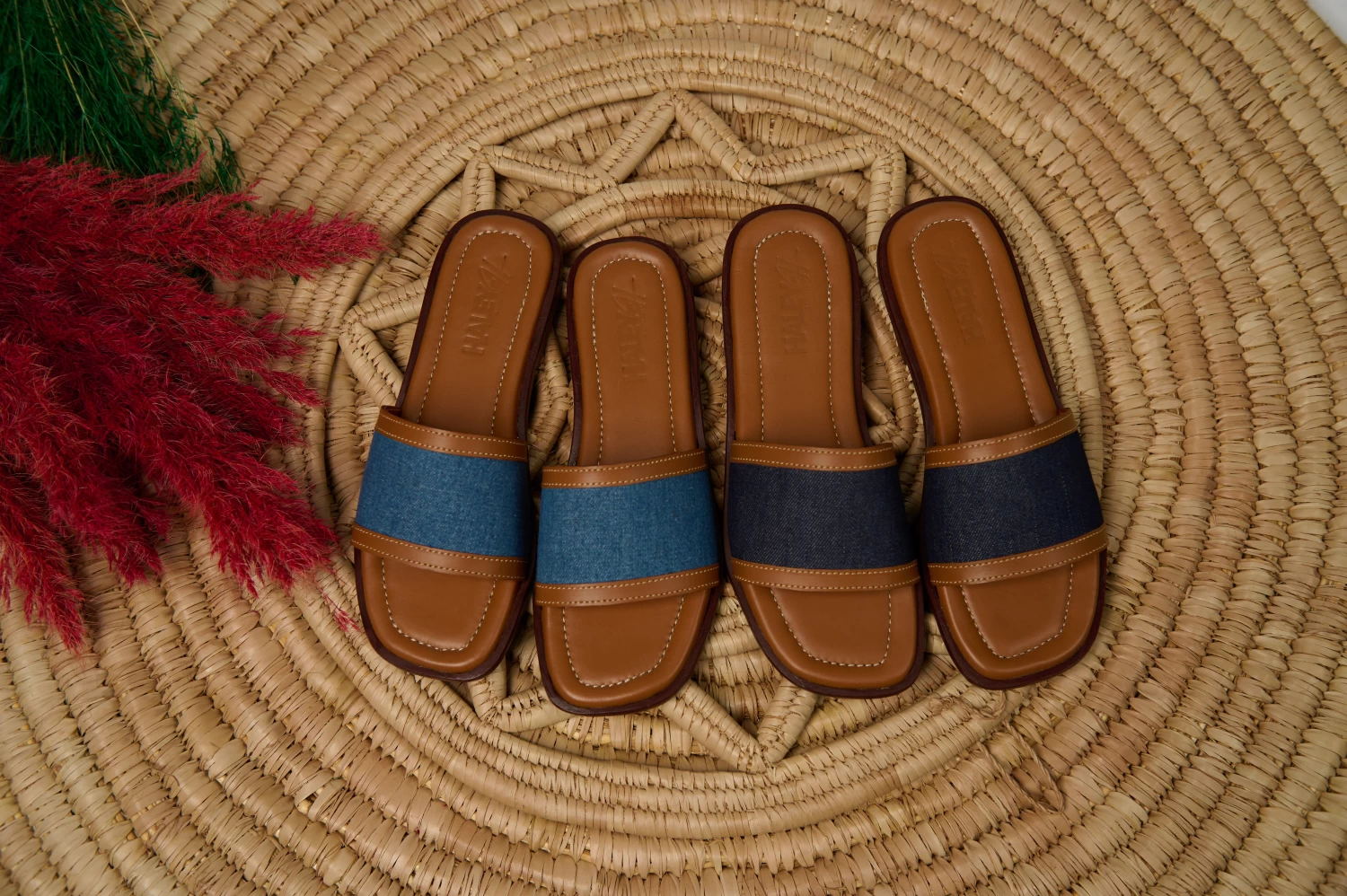 Denim Leather Slippers