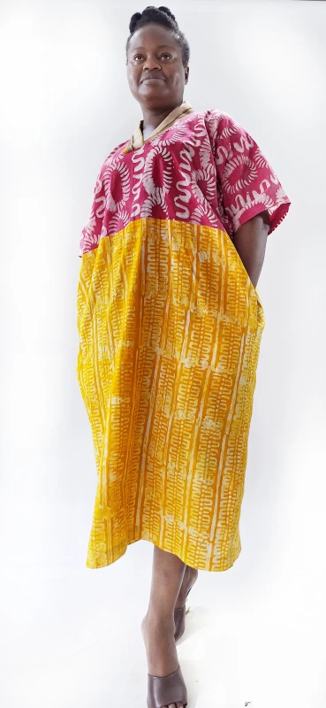 Two-Tone Adire Midi Boubou Dress – Pink and Yellow