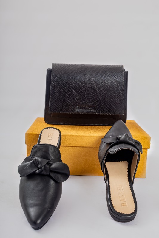 Black Leather Mules and Clutch Set