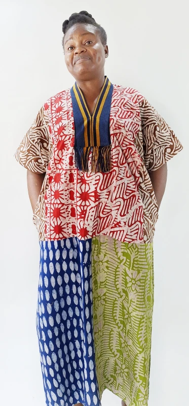 Multi-Color Adire Boubou Dress with Fringe Asooke Neckline