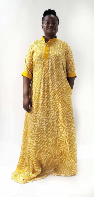 Yellow Batik Adire Maxi Dress with Collar