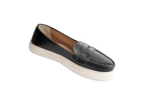 Unisex Black Leather Penny Loafers with White Sole